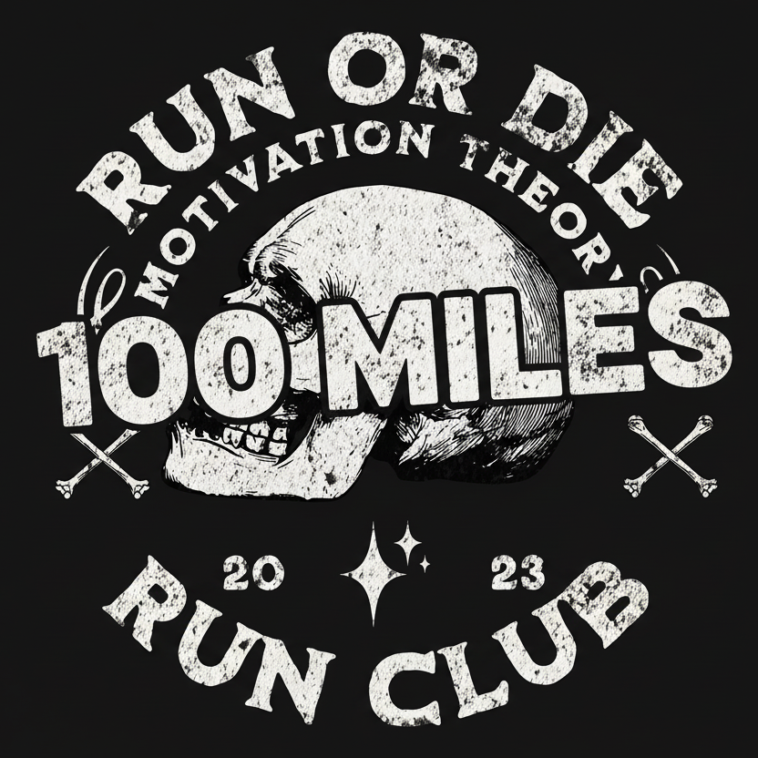 Black and white graphic with 'Run or Die Motivation Theory 100 Miles Run Club' text and skull design.