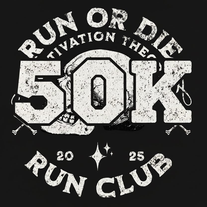 Black and white graphic of 'Run or Die 50K Run Club' with running shoes and text on a black background.
