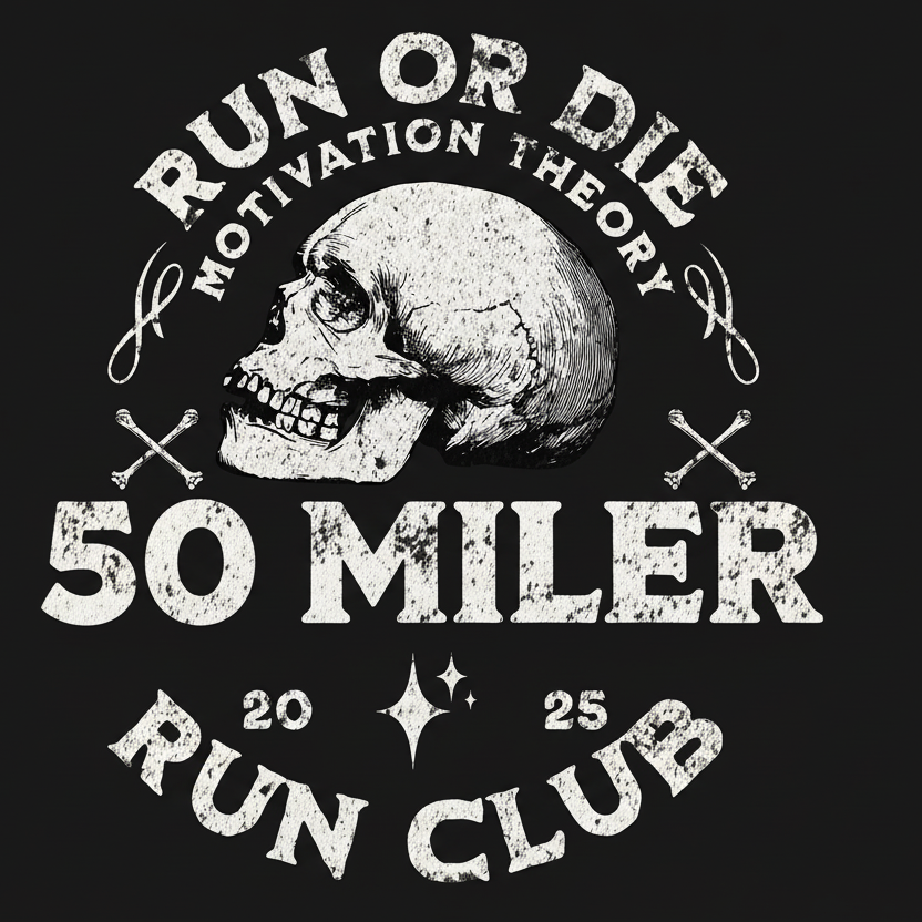 Black and white graphic with skull and text 'Run or Die Motivation Theory Run Club' on a black background