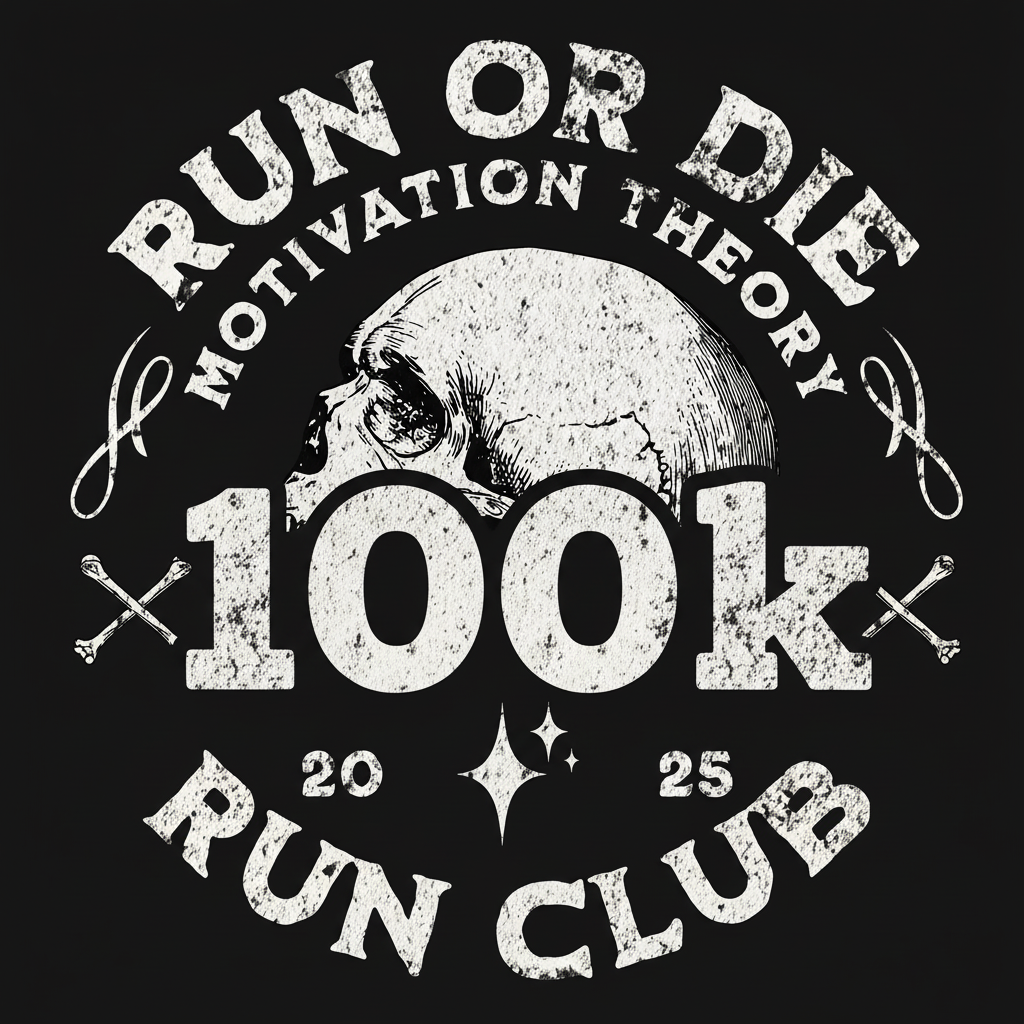 Black and white graphic with skull and text 'Run or Die Motivation Theory Run Club' on a black background