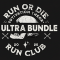 Black and white graphic with skull and text 'Run or Die Motivation Theory Run Club' on a black background