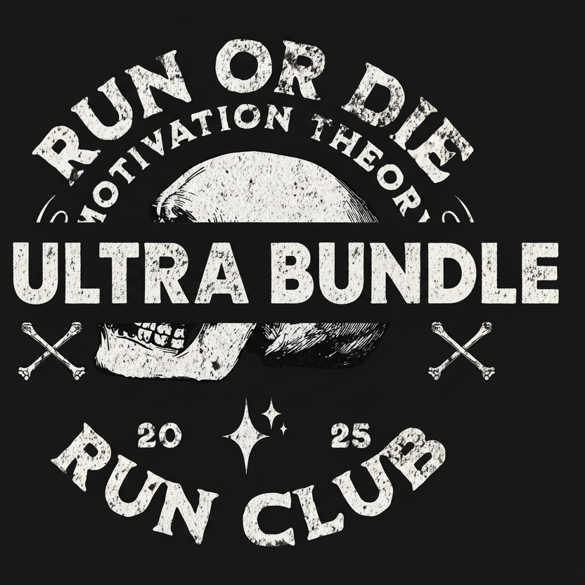 Black and white graphic with skull and text 'Run or Die Motivation Theory Run Club' on a black background