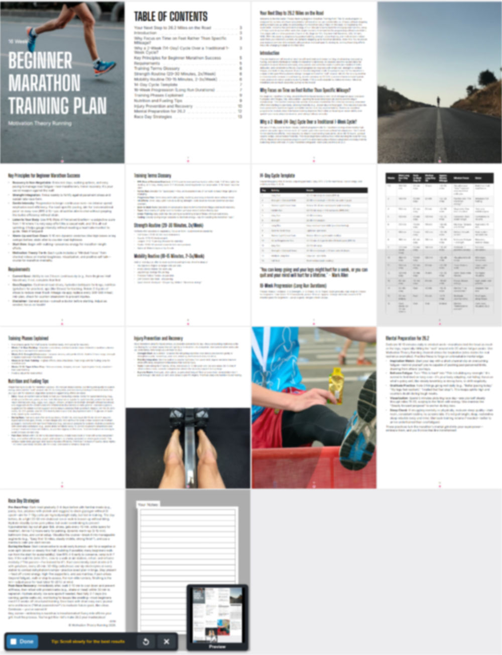 Collage of images related to marathon training, including text and road scenes.